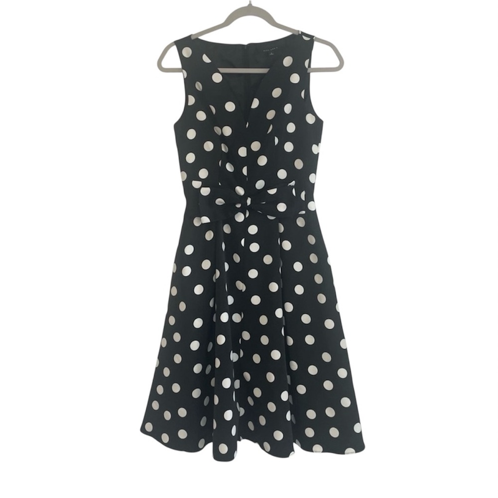 Black White Polka Dot Fit-and-Flare Midi Sleeveless Dress Preppy Old Money Sz 2